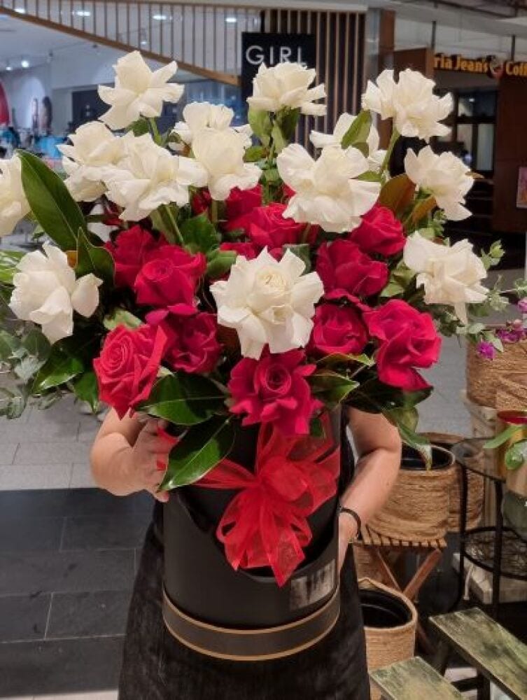 28 Red and White Roses in round box